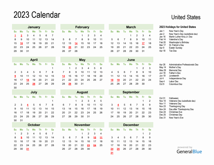 Holiday Calendar 2023 for United States (Sunday Start)