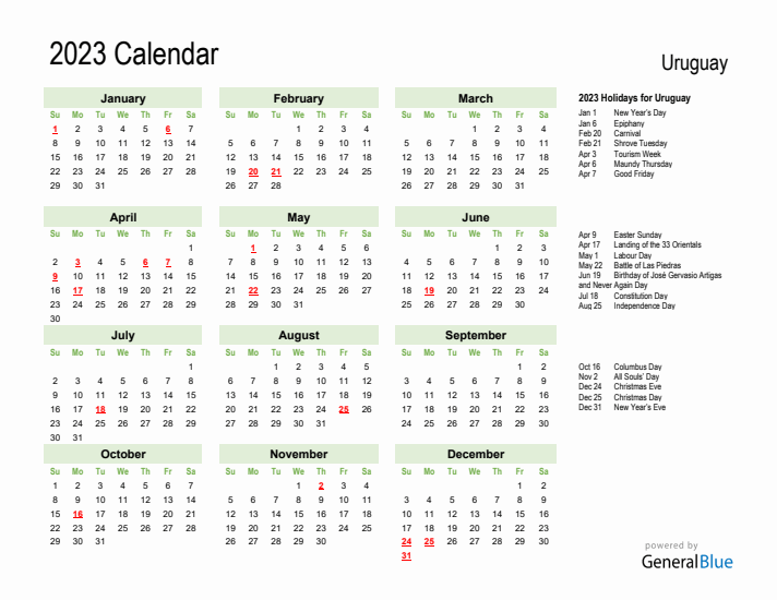 Holiday Calendar 2023 for Uruguay (Sunday Start)