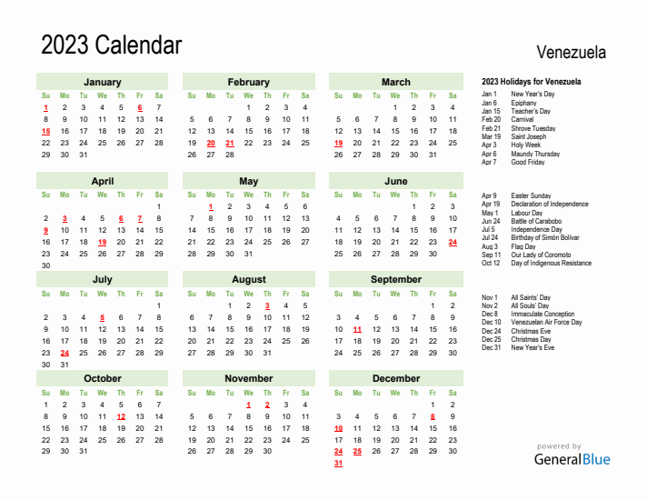 Holiday Calendar 2023 for Venezuela (Sunday Start)
