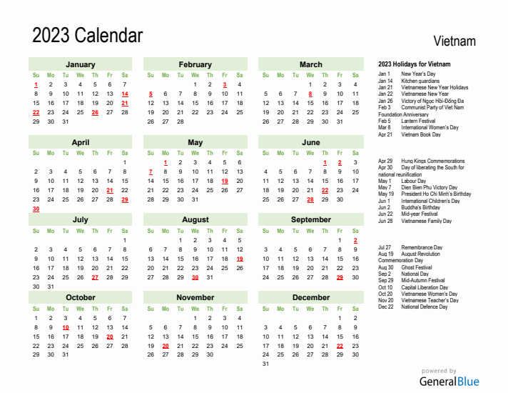 Holiday Calendar 2023 for Vietnam (Sunday Start)