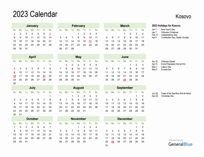 Holiday Calendar 2023 for Kosovo (Sunday Start)