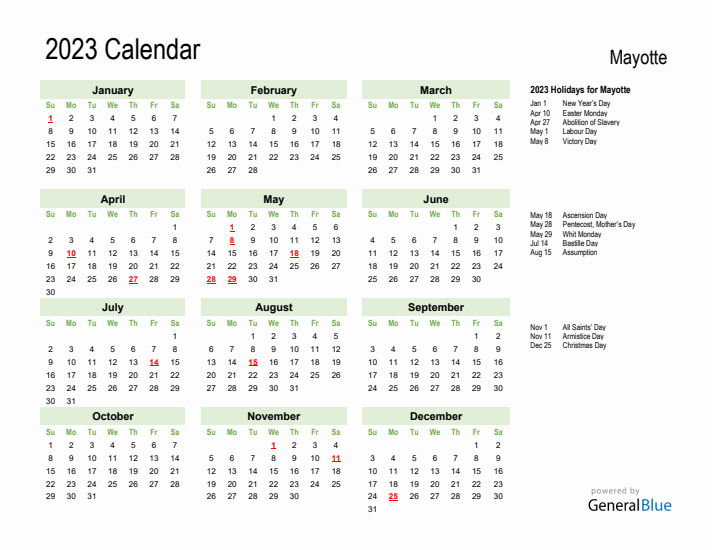 Holiday Calendar 2023 for Mayotte (Sunday Start)