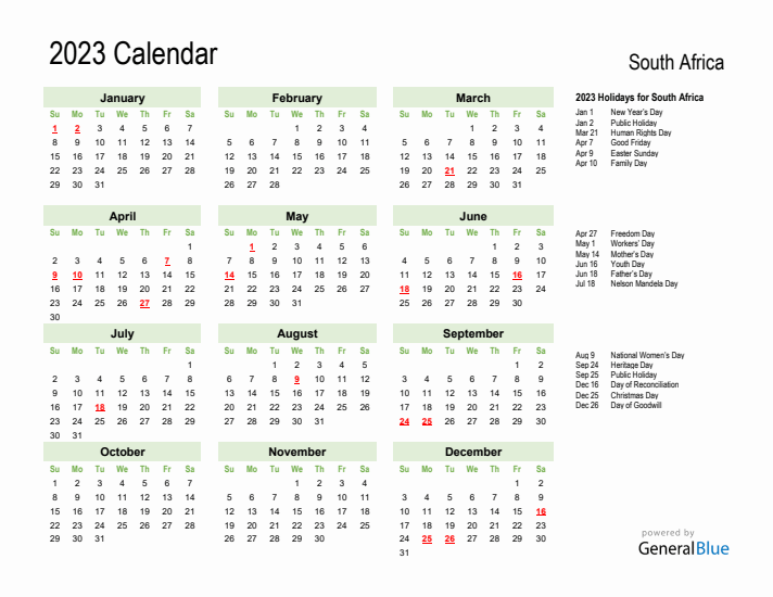 Holiday Calendar 2023 for South Africa (Sunday Start)