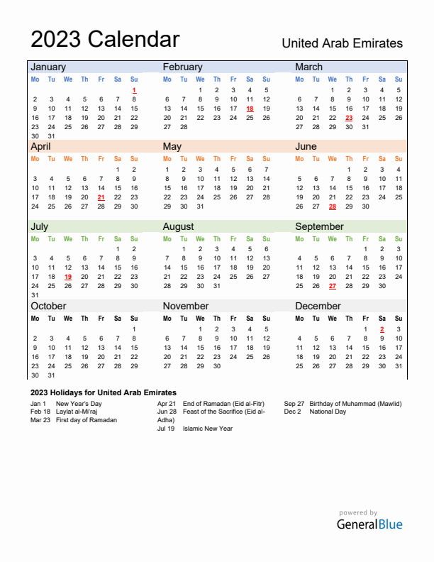 Calendar 2023 with United Arab Emirates Holidays
