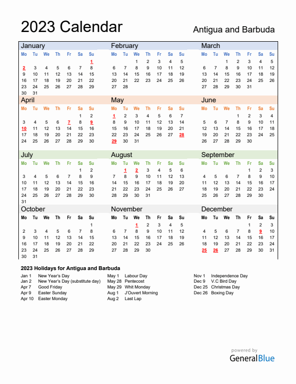 Calendar 2023 with Antigua and Barbuda Holidays