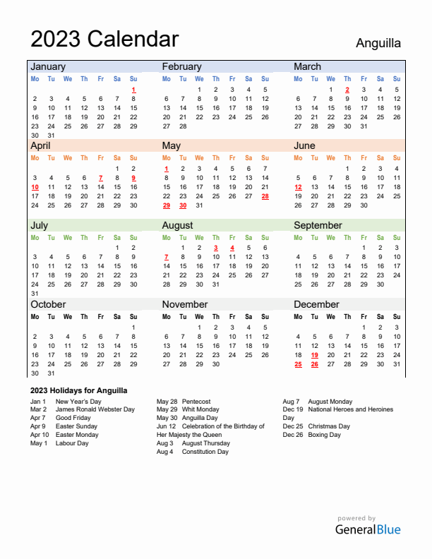 Calendar 2023 with Anguilla Holidays