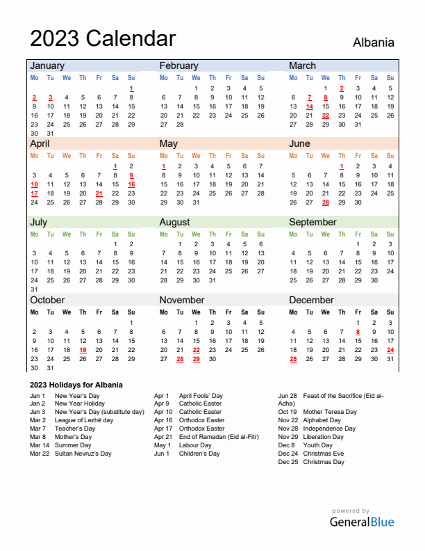 Calendar 2023 with Albania Holidays