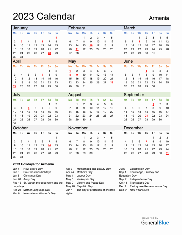 Calendar 2023 with Armenia Holidays