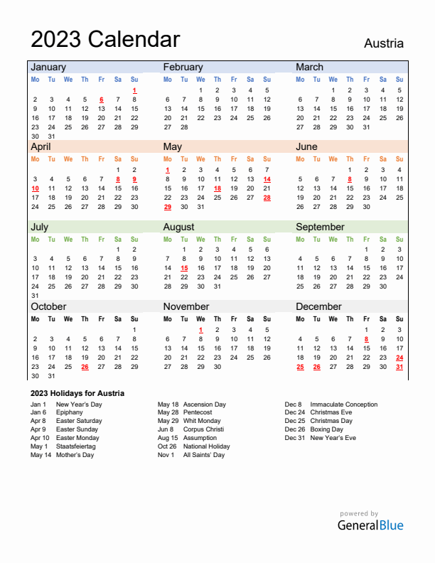 Calendar 2023 with Austria Holidays