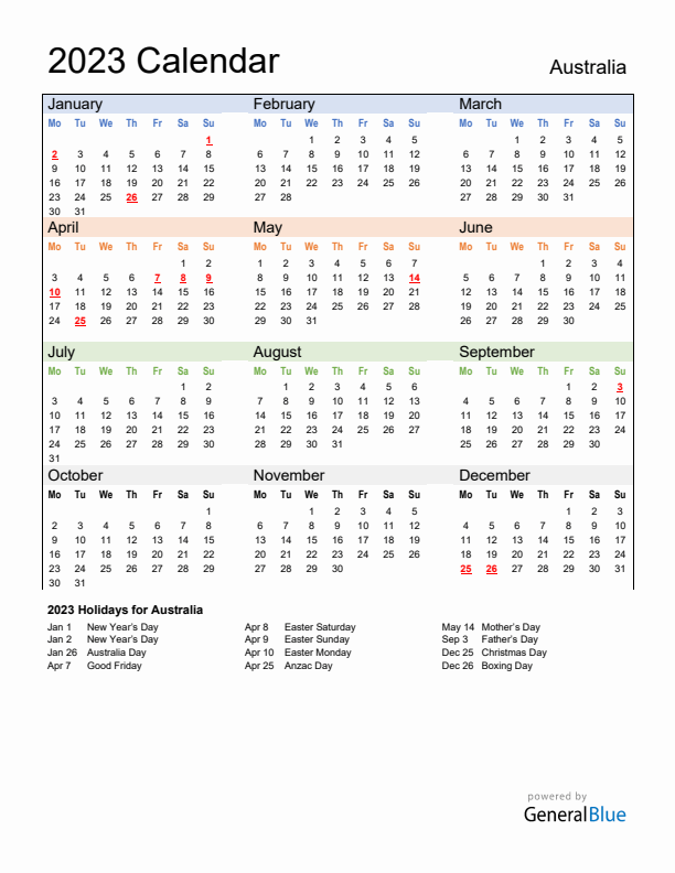 Calendar 2023 with Australia Holidays