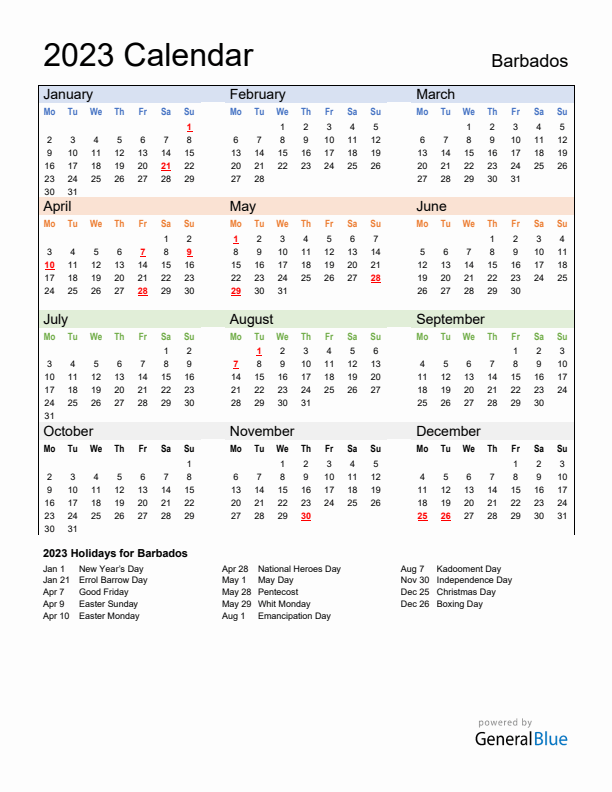 Calendar 2023 with Barbados Holidays