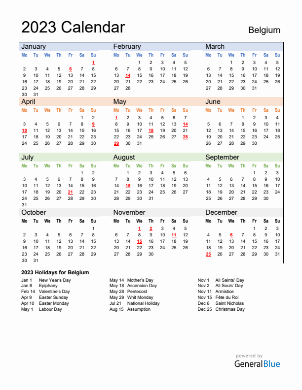 Calendar 2023 with Belgium Holidays