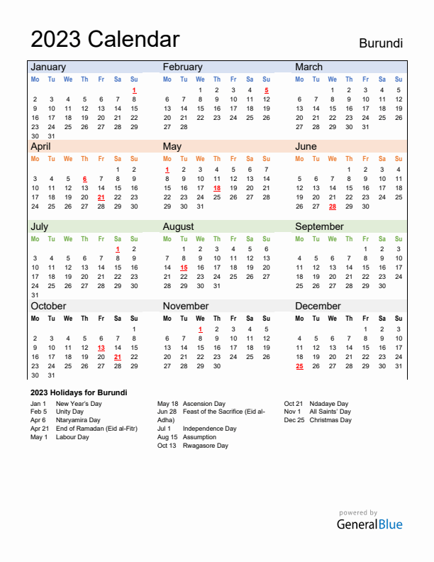Calendar 2023 with Burundi Holidays