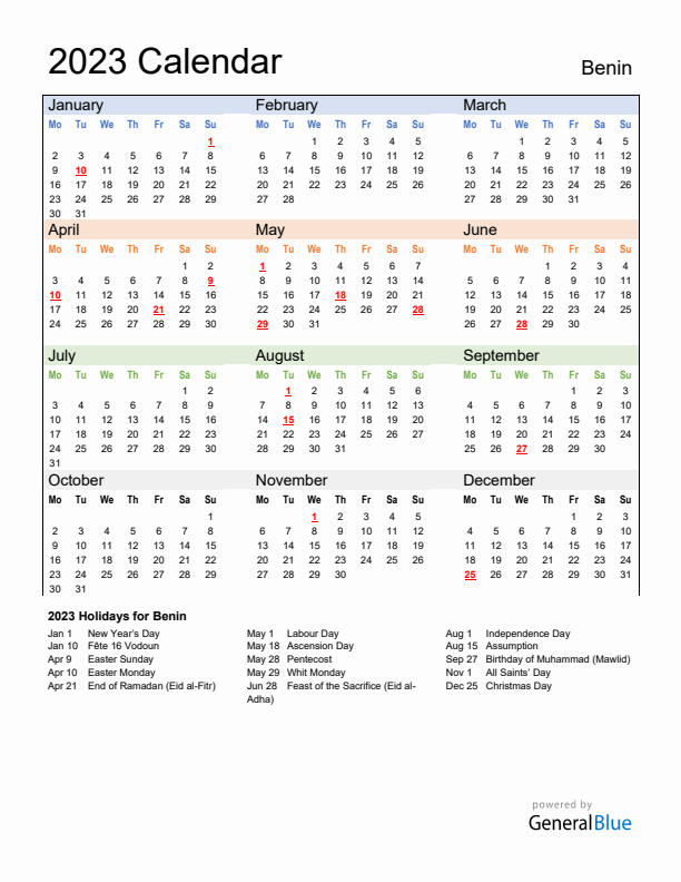 Calendar 2023 with Benin Holidays