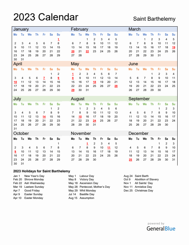 Calendar 2023 with Saint Barthelemy Holidays
