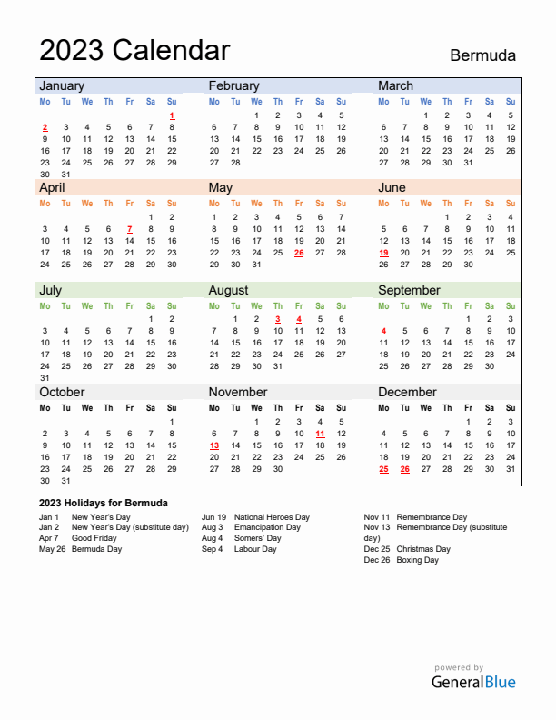 Calendar 2023 with Bermuda Holidays