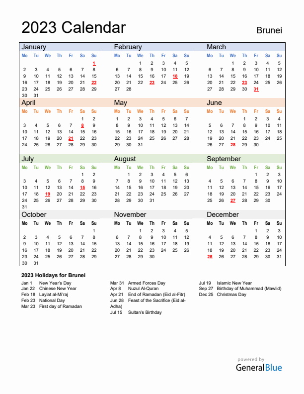 Calendar 2023 with Brunei Holidays