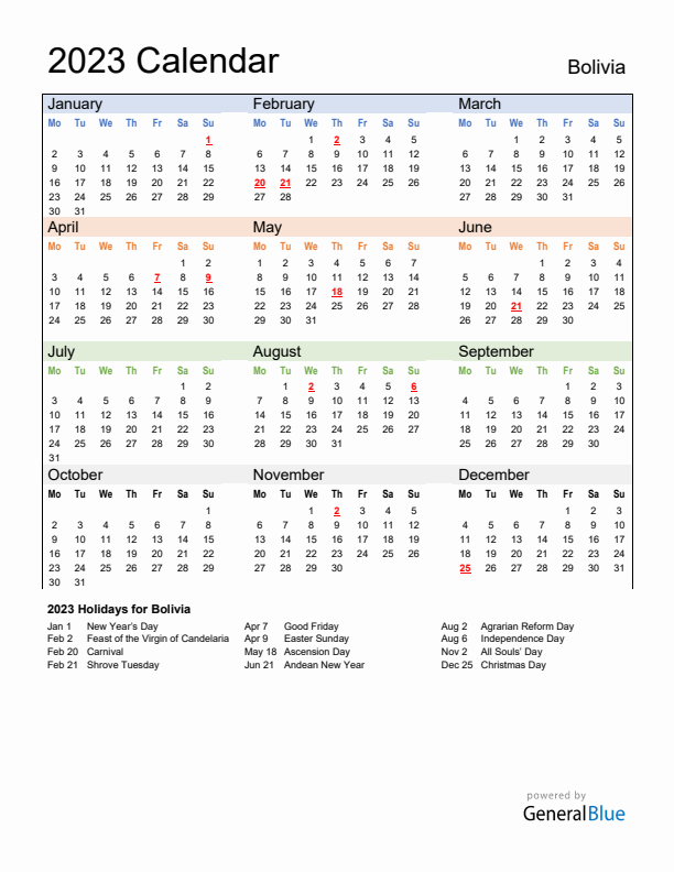 Calendar 2023 with Bolivia Holidays