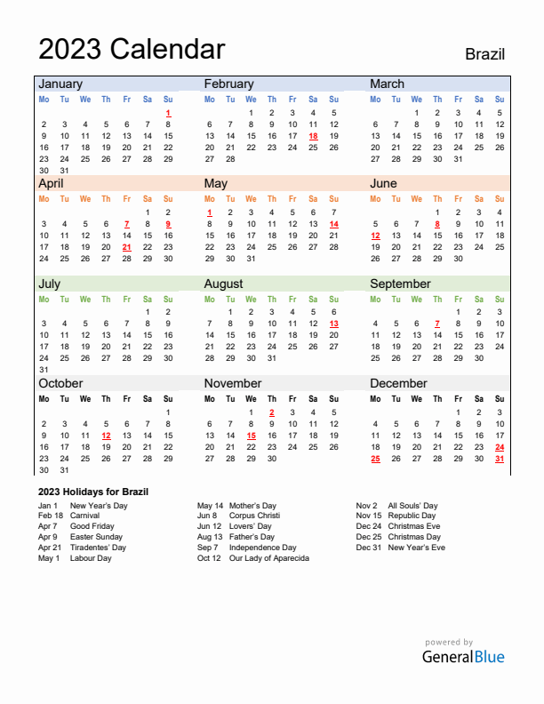 Calendar 2023 with Brazil Holidays