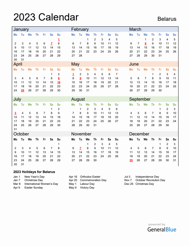 Calendar 2023 with Belarus Holidays