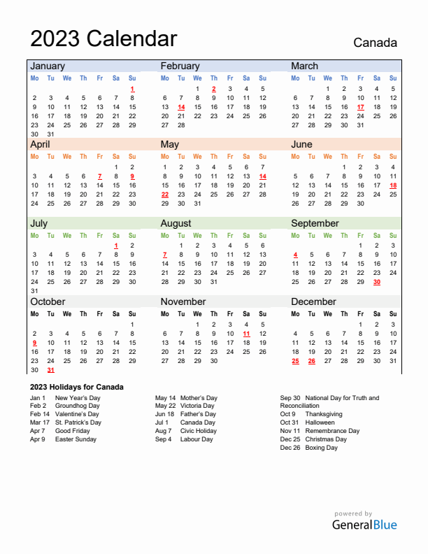 Calendar 2023 with Canada Holidays