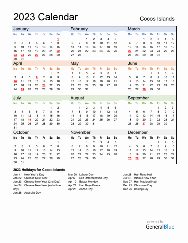 Calendar 2023 with Cocos Islands Holidays