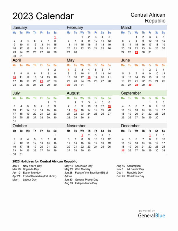 Calendar 2023 with Central African Republic Holidays