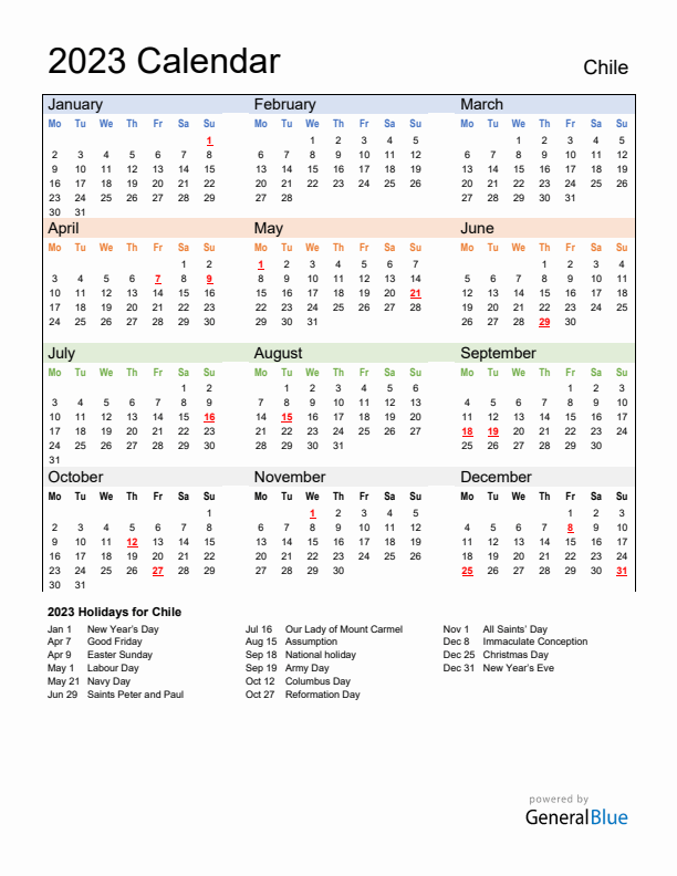 Calendar 2023 with Chile Holidays