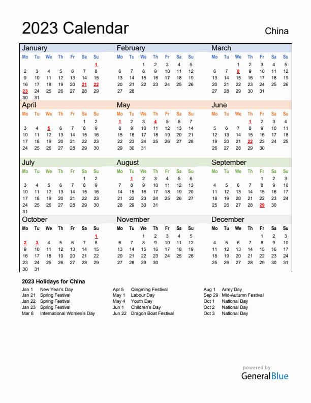 Calendar 2023 with China Holidays