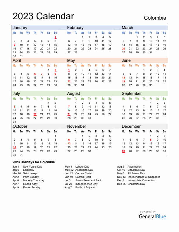 Calendar 2023 with Colombia Holidays