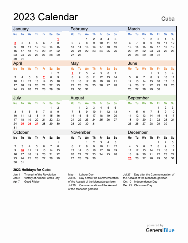 Calendar 2023 with Cuba Holidays