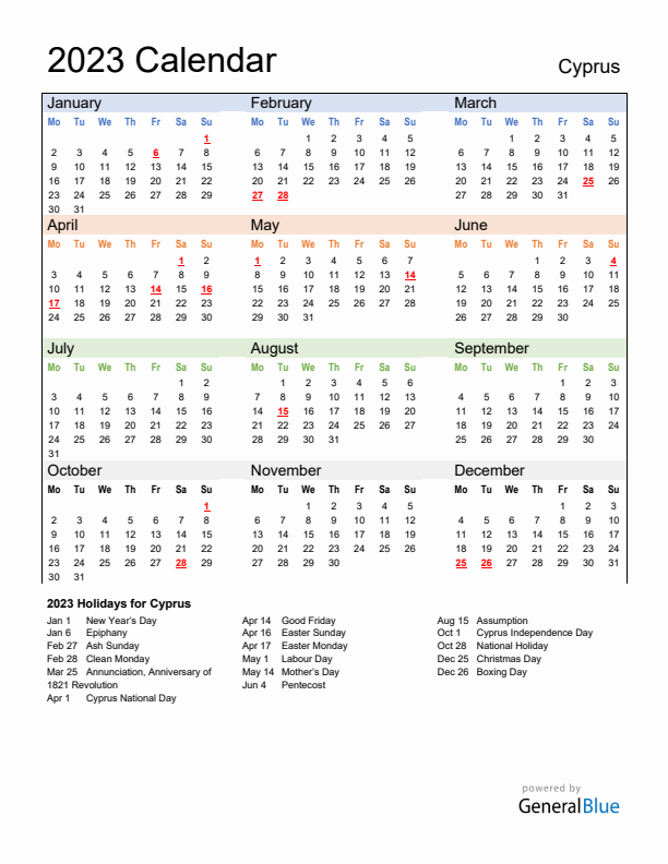 Calendar 2023 with Cyprus Holidays
