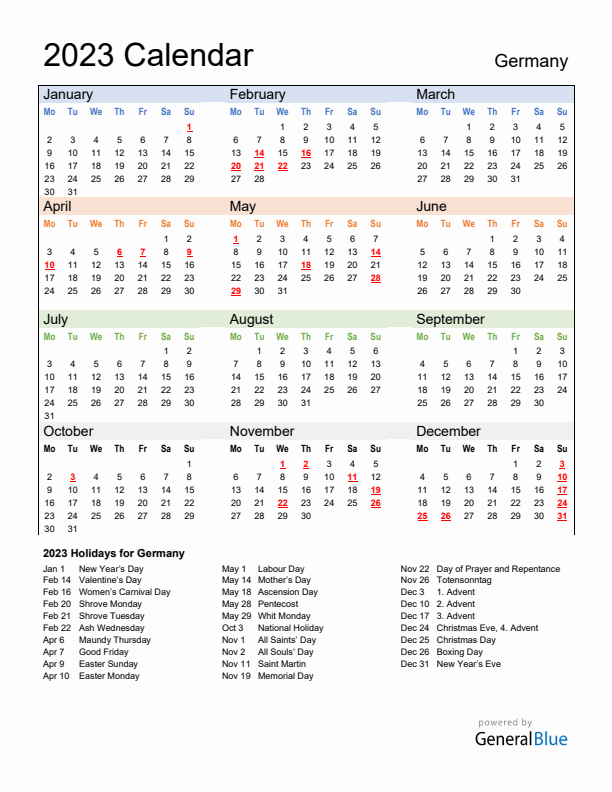 Calendar 2023 with Germany Holidays