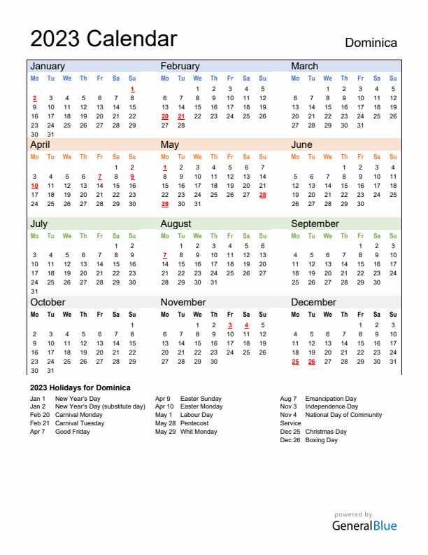 Calendar 2023 with Dominica Holidays