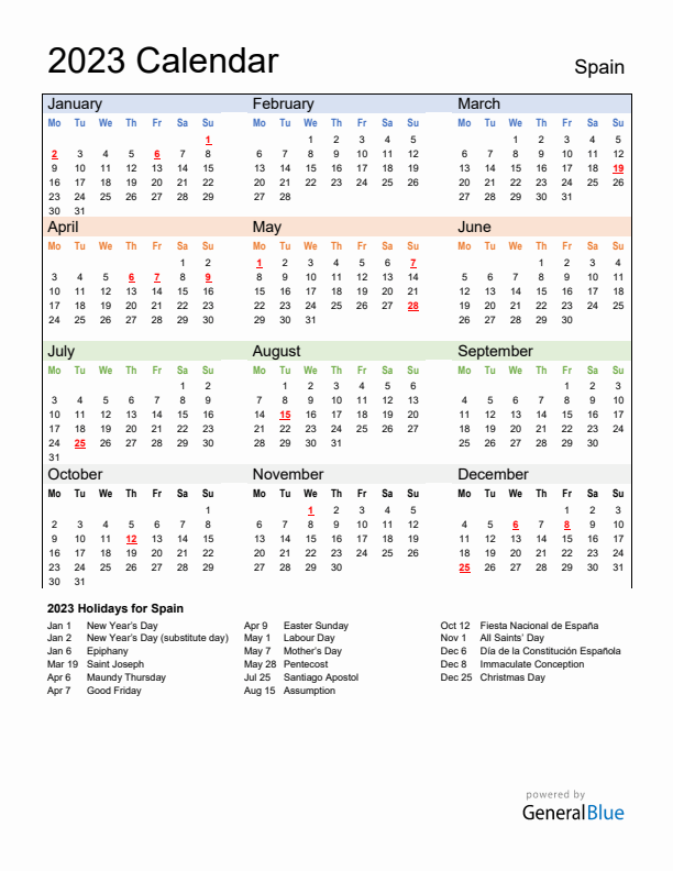 Calendar 2023 with Spain Holidays