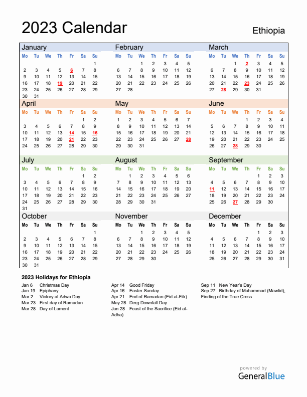 Calendar 2023 with Ethiopia Holidays