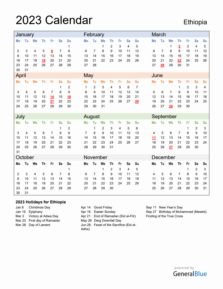 Annual Calendar 2023 with Ethiopia Holidays