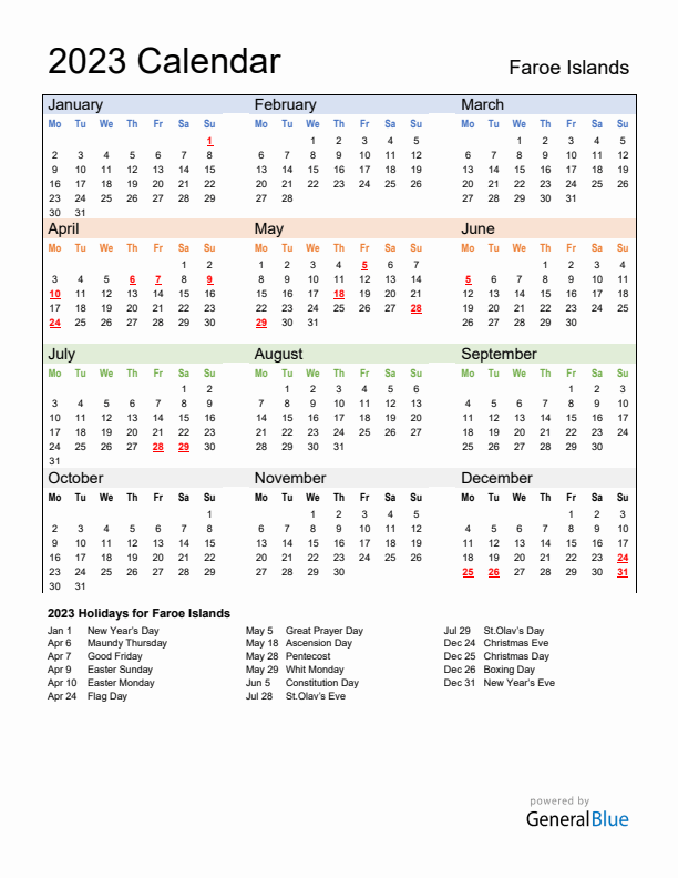 Calendar 2023 with Faroe Islands Holidays