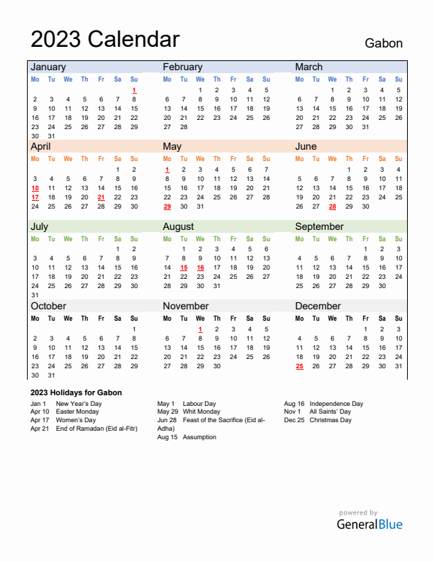 Calendar 2023 with Gabon Holidays