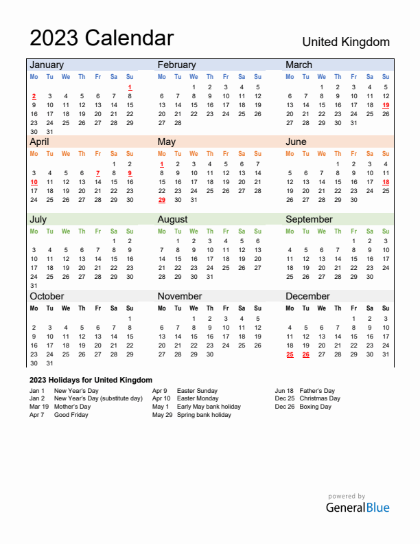 Calendar 2023 with United Kingdom Holidays