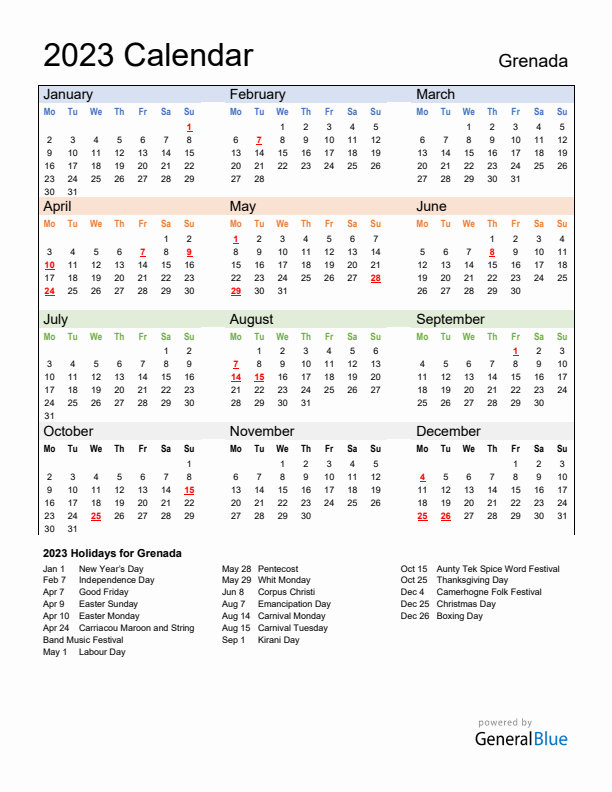 Calendar 2023 with Grenada Holidays