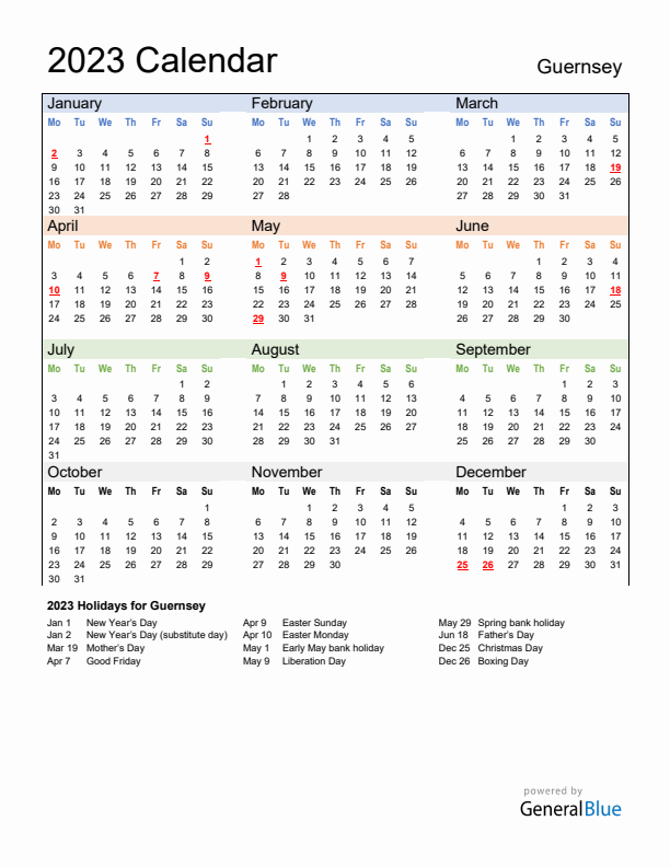 2023 Guernsey Calendar with Holidays