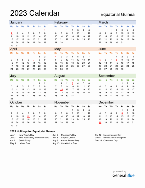 Calendar 2023 with Equatorial Guinea Holidays