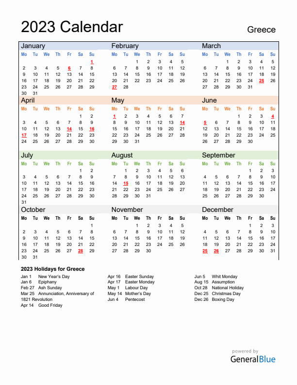 Calendar 2023 with Greece Holidays