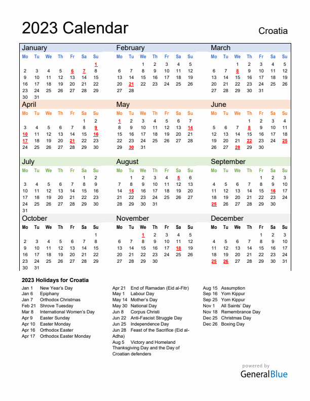 Calendar 2023 with Croatia Holidays