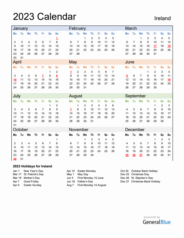 Calendar 2023 with Ireland Holidays