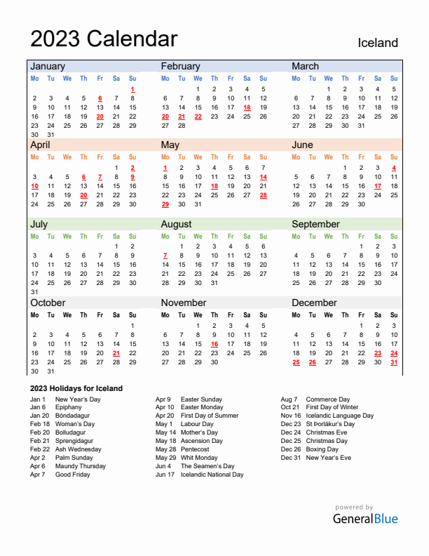 Calendar 2023 with Iceland Holidays