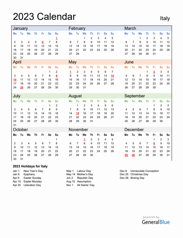 Calendar 2023 with Italy Holidays