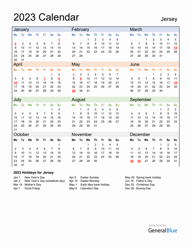 Calendar 2023 with Jersey Holidays