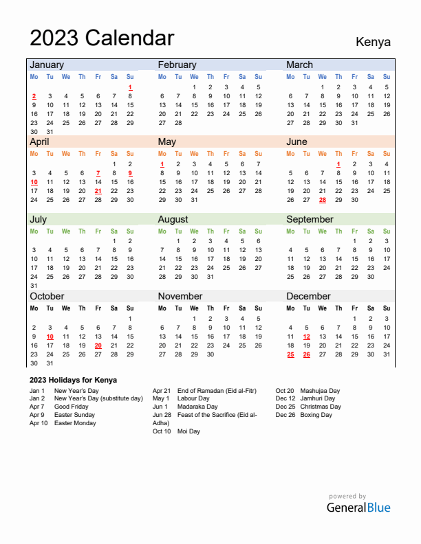 Calendar 2023 with Kenya Holidays